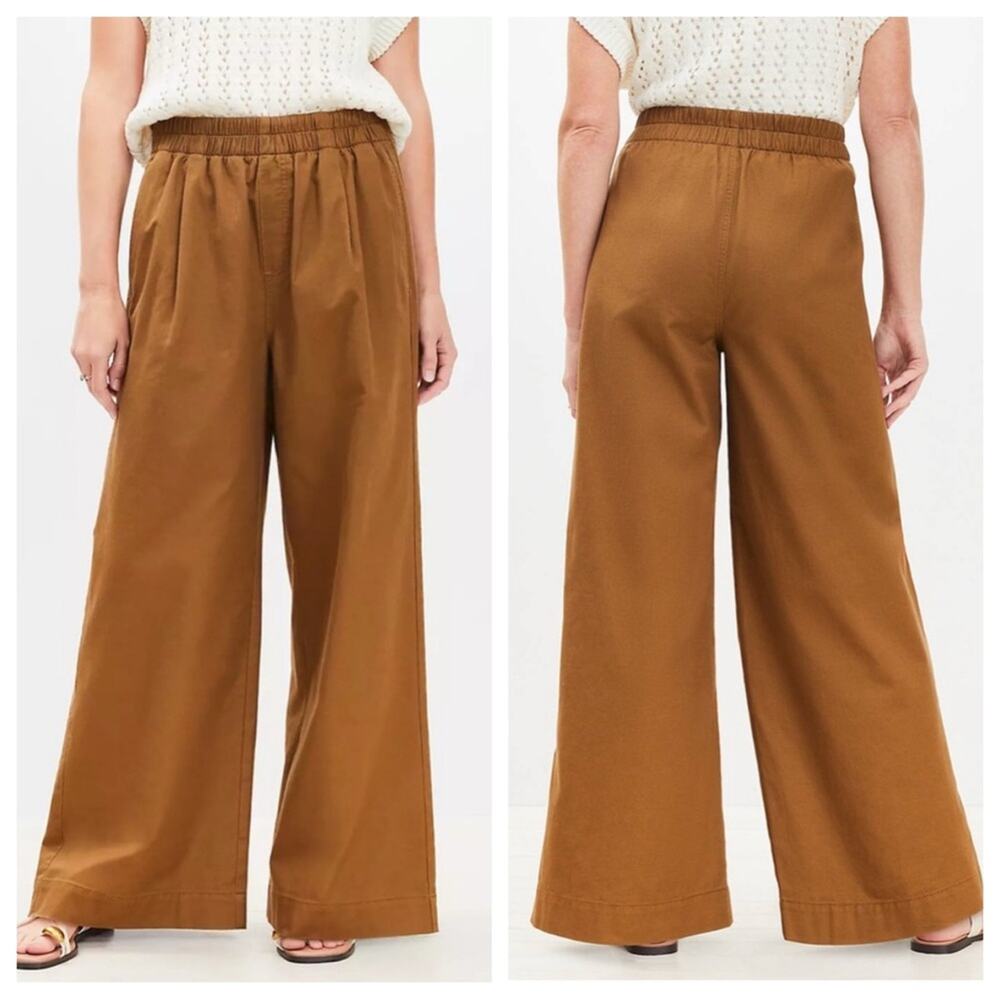 NWT LOFT Pleated Pull-On Wide Leg Pants in Twill Shoreline Sands - Size XL